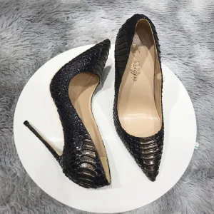 Vintage Svart Gateklær Slangeskinn Print Pumps 2020 12 Cm Stiletthæler Spisse Pumps