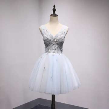 Chic Belle Gris Bleu Ciel Robe De Fete 2018 Princesse Perlage Cristal Perle Appliques V Cou Dos Nu Sans Manches Courte Robe De Ceremonie