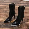 Fashion Winter Black Street Wear Mid Calf Womens Boots 2020 Leather 10 cm Stiletto Heels Pointed Toe Boots