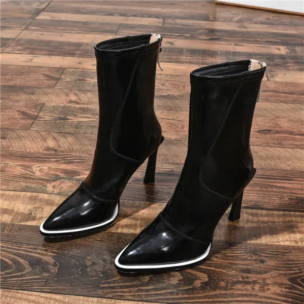 Fashion Winter Black Street Wear Mid Calf Womens Boots 2020 Leather 10 cm Stiletto Heels Pointed Toe Boots