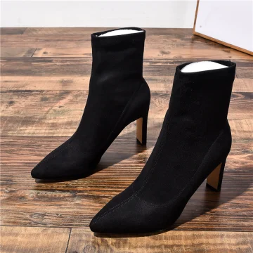 Simple Noire Vêtement De Rue Bottines Daim Bottes Femme 2020 8 Cm Talons Épais À Bout Pointu Bottes