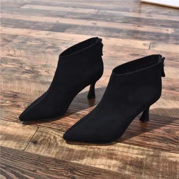 Eenvoudige Zwarte Straatkleding Enkellaarsjes Enkellaarzen Suede Dames Laarzen 2020 Leer 6 Cm Naaldhakken Stiletto Spitse Neus Laarzen