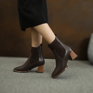 Fashion Brown Street Wear Ankle Womens Boots 2020 Leather 6 Cm Thick Heels Square Toe Boots