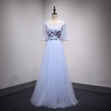 Chic Beautiful Sky Blue Prom Dresses 2018 A Line Princess Appliques Bow Rhinestone Scoop Neck Backless 1 2 Sleeves Floor Length Long Formal Dresses