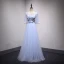 Chic / Beautiful Sky Blue Prom Dresses 2018 A-Line / Princess Appliques Bow Rhinestone Scoop Neck Backless 1/2 Sleeves Floor-Length / Long Formal Dresses