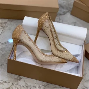 Charming Gold Rhinestone See Through Wedding Shoes 2020 Leather 10 Cm Stiletto Heels Pointed Toe Wedding Pumps