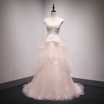 Élégant Perle Rose Robe De Bal 2018 Princesse Perlage Perle Paillettes En Dentelle Fleur Volants En Cascade Encolure Dégagée Dos Nu Sans Manches Train De Balayage Robe De Ceremonie