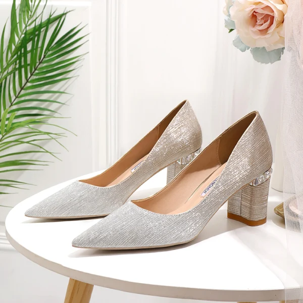 Charming Gradient Color Gold Wedding Shoes 2020 Rhinestone Sequins 6 Cm  Thick Heels Pointed Toe Wedding Pumps