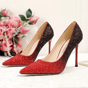 Charming Gradient Color Red Evening Party Pumps 2020 Sequins 10 Cm Stiletto Heels Pointed Toe Pumps