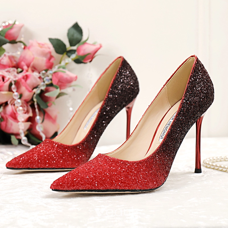 Charmant Degrade De Couleur Rouge Soiree Escarpins 2020 Paillettes 10 cm Talons Aiguilles A Bout Pointu Escarpins