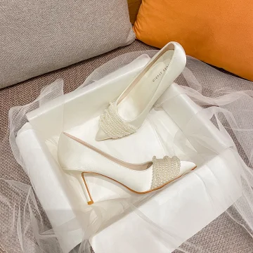 Elegant Ivory Pearl Wedding Shoes 2020 8 Cm Stiletto Heels Pointed Toe Wedding Pumps