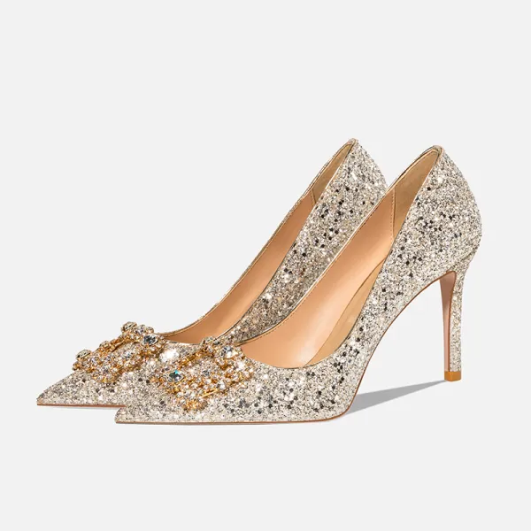 Sparkly Gold Rhinestone Sequins Wedding Shoes 2020 Leather 8 cm Stiletto Heels Pointed Toe Wedding Pumps