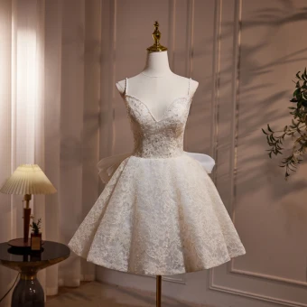 Charming Beige Pearl Lace Flower Short Party Dresses 2024 Spaghetti Straps Sleeveless Backless Bow Formal Dresses