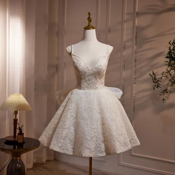 Charming Beige Pearl Lace Flower Short Party Dresses 2024 Spaghetti Straps Sleeveless Backless Bow Formal Dresses