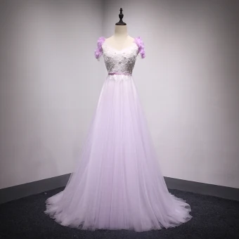 Chic Belle Lilas Robe De Soirée 2018 Princesse En Dentelle Fleur Appliques Perlage Perle V Cou Dos Nu Sans Manches Train De Balayage Robe De Ceremonie
