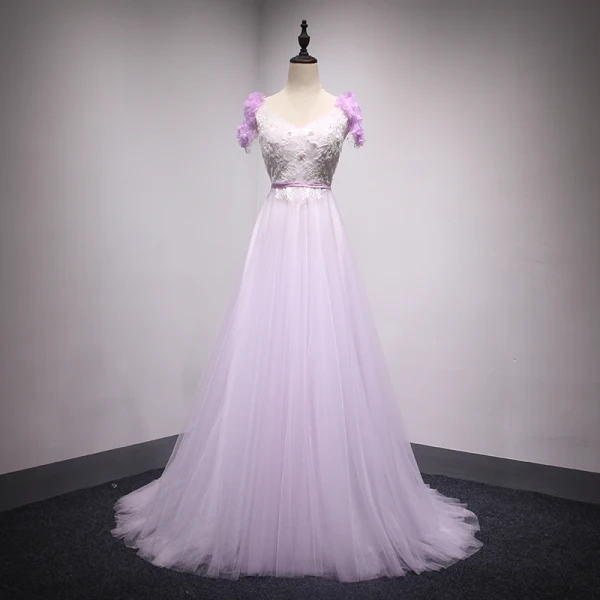 Chic / Belle Lilas Robe De Soirée 2018 Princesse En Dentelle Fleur Appliques Perlage Perle V-Cou Dos Nu Sans Manches Train De Balayage Robe De Ceremonie