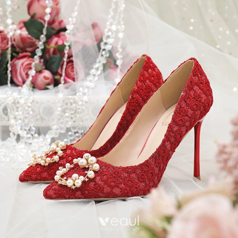 Red lace wedding store shoes