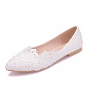 Élégant Blanche Plate Chaussure De Mariée 2020 En Dentelle Fleur À Bout Pointu Mariage Talons