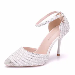 Charmig Silver Brudskor 2020 Ankelband Pärla Rhinestone 9 Cm Stilettklackar Spetsiga Bröllop Klackskor