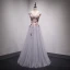 Chic / Beautiful Grey Prom Dresses 2018 A-Line / Princess Lace Flower Appliques Bow Beading V-Neck Backless Sleeveless Floor-Length / Long Formal Dresses