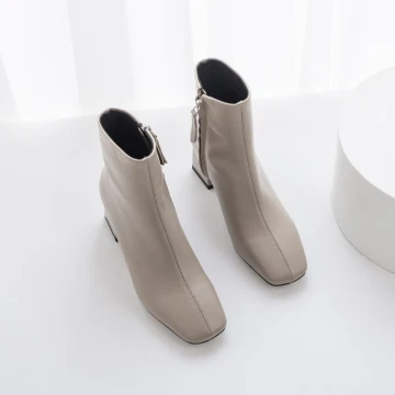 Modest Simple Grey Street Wear Ankle Womens Boots 2020 Leather 5 Cm Thick Heels Square Toe Boots