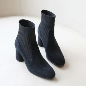 Moda Czarne Zużycie Ulicy Dziewiarskie Botki Buty Damskie 2020 6 Cm Grubym Obcasie Okrągłe Toe Boots