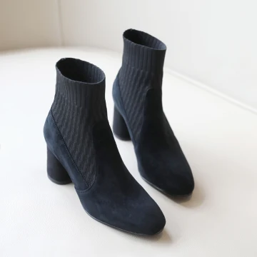 Fashion Black Street Wear Knitting Ankle Womens Boots 2020 6 Cm Thick Heels Round Toe Boots