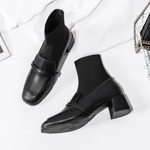 Modest Simple Black Casual Ankle Knitting Womens Boots 2020 5 Cm Thick Heels Square Toe Boots