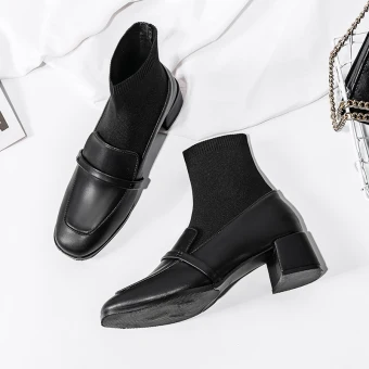 Modest Simple Black Casual Ankle Knitting Womens Boots 2020 5 Cm Thick Heels Square Toe Boots