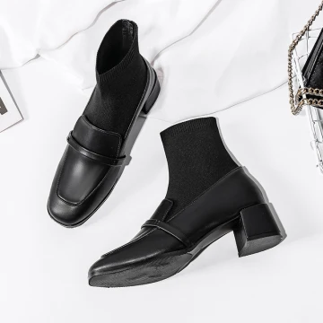 Enkel Svart Casual Ankel Strikking Kvinners Støvler 2020 5 Cm Tykk Hæler Firkantetå Boots