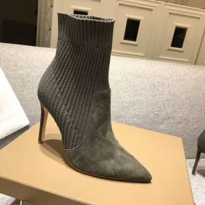 Fine Militærgrønn Gateklær Ankel Suede Strikking Kvinners Støvler 2020 10 Cm Stiletthæler Spisse Boots