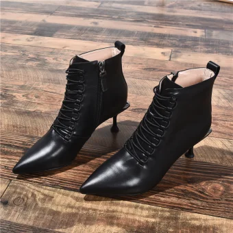 Fashion Black Street Wear Ankle Womens Boots 2020 Leather 7 Cm Stiletto Heels Pointed Toe Boots