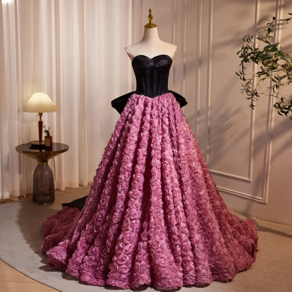 Fashion Fuchsia Ruffle Flower Prom Dresses 2024 Ball Gown Strapless Sleeveless Backless Bow Court Train Prom Formal Dresses