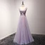 Chic / Beautiful Lilac Prom Dresses 2018 A-Line / Princess Pearl Crystal Sequins Bow V-Neck Backless Sleeveless Floor-Length / Long Formal Dresses
