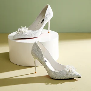 Classique Blanche En Dentelle Chaussure De Mariée 2020 Perle 9 Cm Talons Aiguilles À Bout Pointu Mariage Escarpins