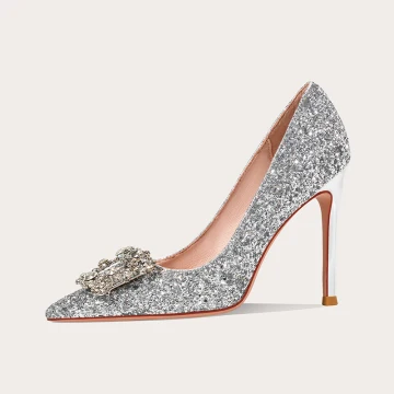 Fantastyczny Srebrny Cekinami Cekiny Buty Ślubne 2020 Rhinestone Skórzany 10 Cm Szpilki Szpiczaste Ślub Czółenka