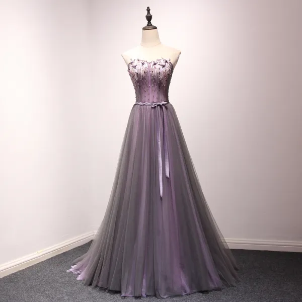 Strapless Satin A Line Bow Grape Purple Prom Dress