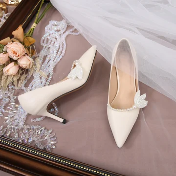 Elegante Ivoor Parel Bruidsschoenen 2020 7 Cm Naaldhakken Stiletto Spitse Neus Huwelijk Pumps