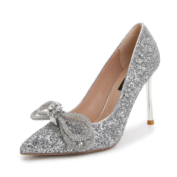 Scintillantes Argenté Faux Diamant Paillettes Chaussure De Mariée 2020 Cuir 8 Cm Talons Aiguilles À Bout Pointu Mariage Escarpins