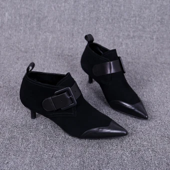 Modest Simple Black Casual Ankle Womens Boots 2020 Leather 3 Cm Stiletto Heels Low Heel Pointed Toe Boots
