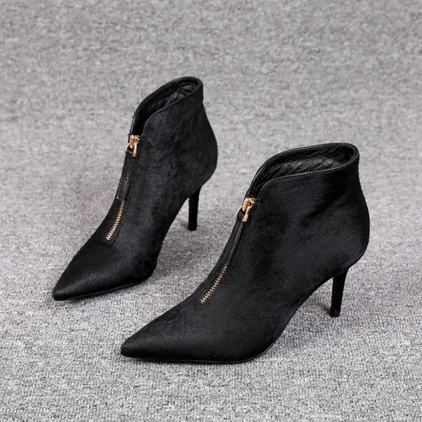 Hermoso Negro Casual Tobillo Suede Botas de mujer 2020 5 cm Stilettos / Tacones De Aguja Punta Estrecha Botas