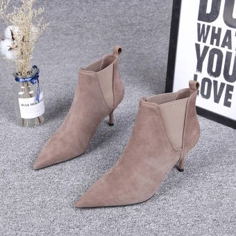 Modest Simple Winter Khaki Casual Suede Womens Boots 2020 Leather Ankle 7 Cm Stiletto Heels Pointed Toe Boots