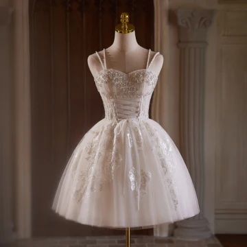 Sexy Beige Beading Sequins Short Party Dresses 2024 Ball Gown Spaghetti Straps Sleeveless Backless Formal Dresses
