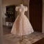 Chic / Beautiful Champagne Beading Pearl Sequins Flower Party Dresses 2024 Ball Gown High Neck Puffy Short Sleeve Backless Tea-length Cocktail Party Evening Party