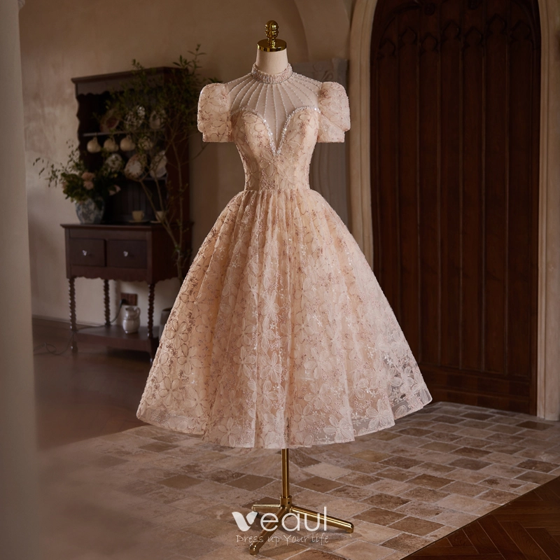 Chic / Beautiful Champagne Beading Pearl Sequins Flower Party Dresses 2024  Ball Gown High Neck Puffy Short Sleeve Backless Tea-length Cocktail Party  Evening Party