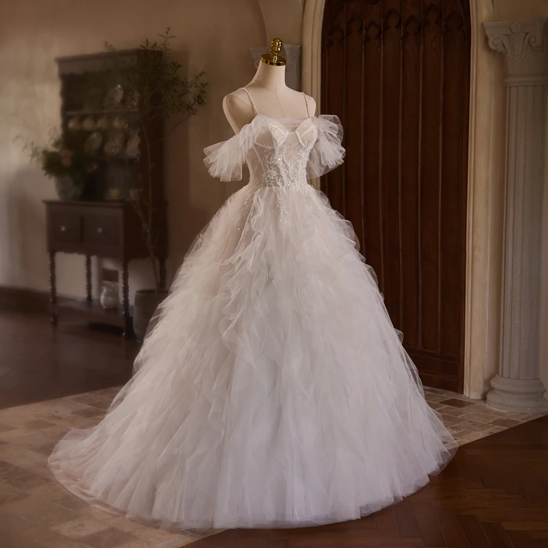 Charming White Beading Sequins Pearl Lace Flower Cascading Ruffles Light Wedding Dresses