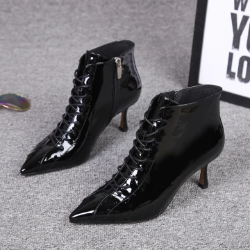 Fashion Black Street Wear Patent Leather Ankle Womens Boots 2020 Leather 7 Cm Stiletto Heels Pointed Toe Boots