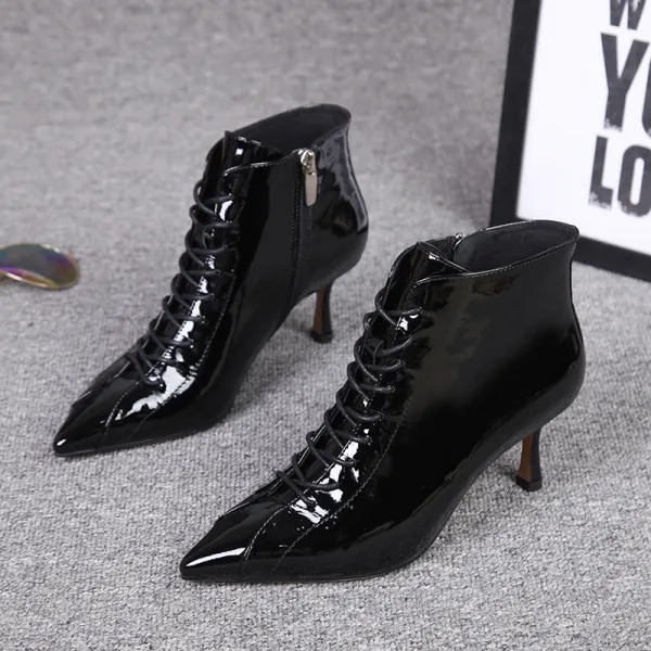 Moda Czarne Zużycie ulicy Skóry Lakierowanej Botki Buty Damskie 2020 Skórzany 7 cm Szpilki Szpiczaste Boots