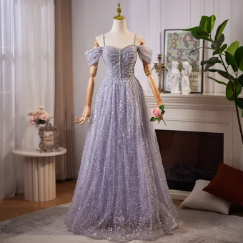 Bling Bling Lavande Perlage Faux Diamant Paillettes Robe De Bal 2024 Robe Boule De L Épaule Manches Courtes Dos Nu Longue Promo Robe De Ceremonie