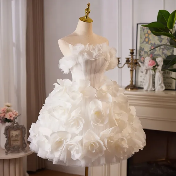 Flower Fairy White Cascading Ruffles Appliques Short Prom Dresses 2024 Ball Gown Strapless Sleeveless Backless Prom Formal Dresses
